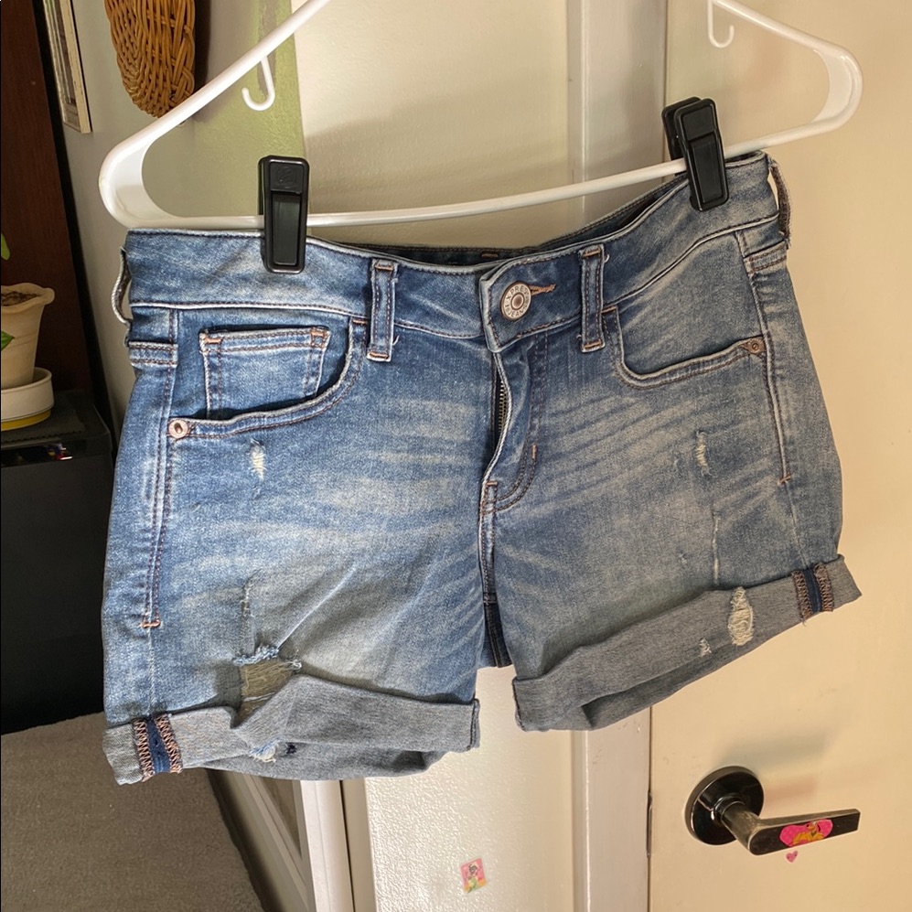 Express Light Blue Stretchy Denim Shirts With Distressed Details